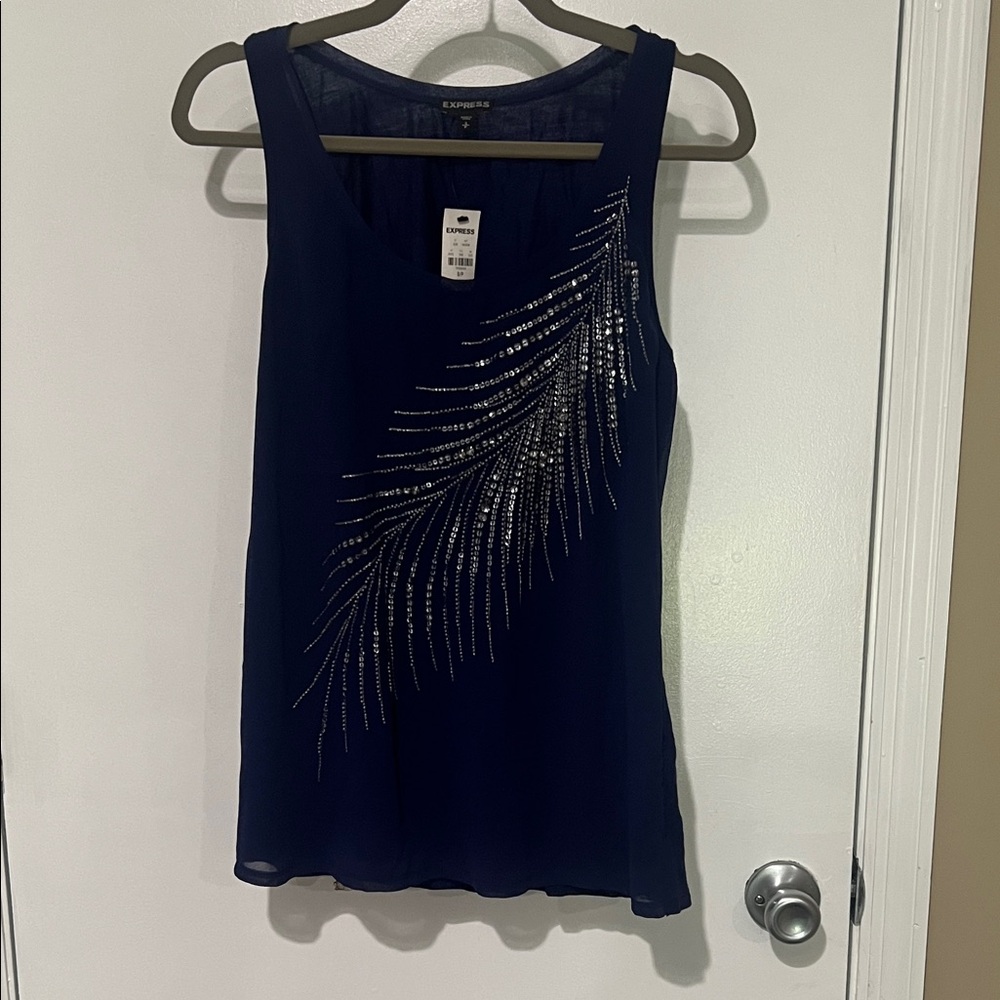 Express Navy Tank Top with Sequin Feather Design
